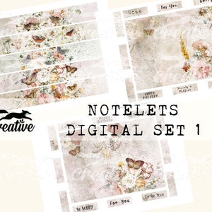 May include: A set of digital notelets with a floral design and butterflies. The notelets have text that says "Happy Birthday", "So Sorry", "For You", "To the Moon", "Thank You", and "Thank You & Willow".