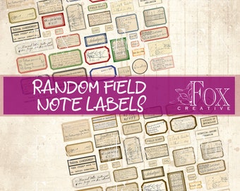 May include: A collection of vintage-style labels with handwritten text and illustrations. The labels are in various colors, including brown, green, red, and blue. The labels feature text such as "Field Diary", "Index", "Botanical Garden", and "Random Field Note Labels".
