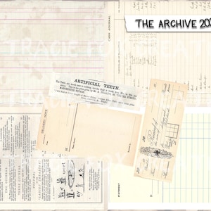 May include: A collage of vintage ephemera, including ledger paper, receipts, and newspaper clippings. The text "THE ARCHIVE 2025" and "TRACIE FOX CREATIVE" are visible. The overall color palette is beige and cream.