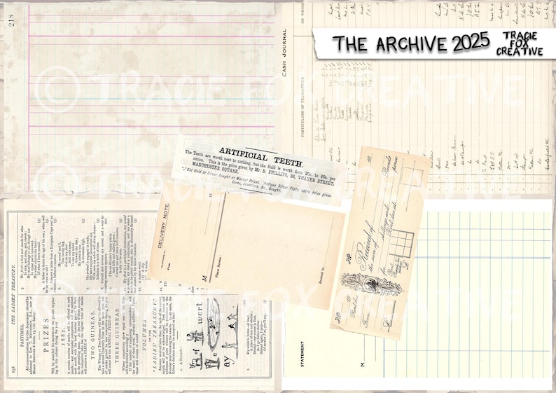 May include: A collage of vintage ephemera, including ledger paper, receipts, and newspaper clippings. The text "THE ARCHIVE 2025" and "TRACIE FOX CREATIVE" are visible. The overall color palette is beige and cream.
