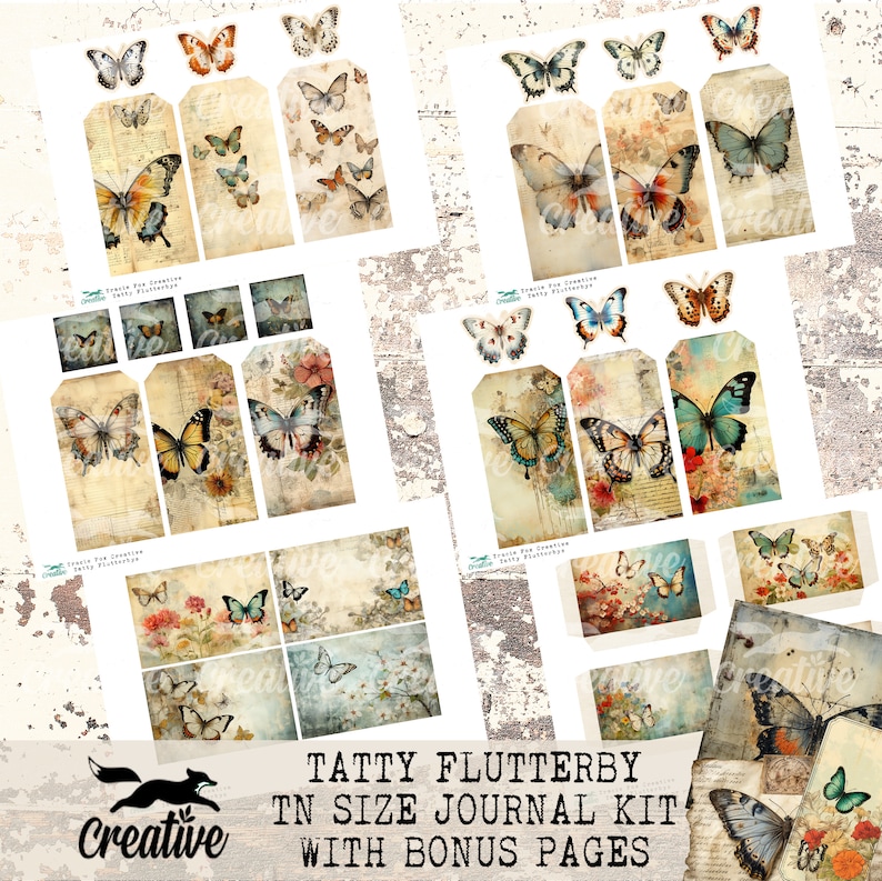 May include: A digital printable journal kit featuring vintage style butterflies in shades of blue, green, and brown. The kit includes various sized tags and journal pages with a distressed background. The text "Tatty Flutterby TN Size Journal Kit with Bonus Pages" is included in the image.
