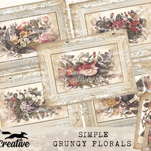 Op de afbeelding: Een set van acht vintage-stijl bloemenafbeeldingen met een grunge-esthetiek. Elke afbeelding toont een andere bloemschikking met vlinders en een verweerde, verouderde achtergrond. De afbeeldingen zijn omlijst met een decoratieve rand.