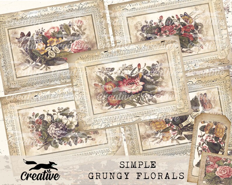 Op de afbeelding: Een set van acht vintage-stijl bloemenafbeeldingen met een grunge-esthetiek. Elke afbeelding toont een andere bloemschikking met vlinders en een verweerde, verouderde achtergrond. De afbeeldingen zijn omlijst met een decoratieve rand.