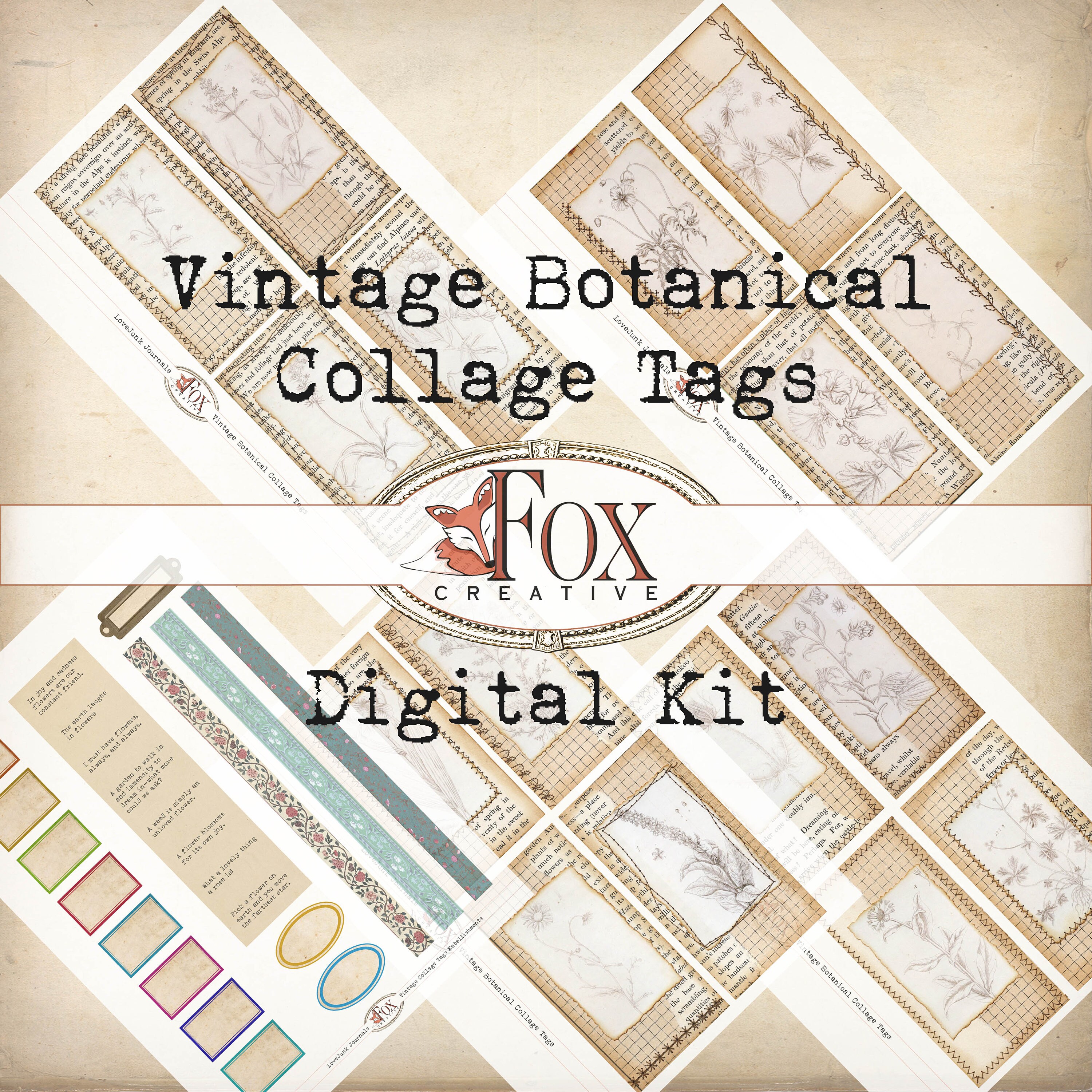 Vintage Botanical Collage Tags and Embellishments, Digital Kit. DIGI1…