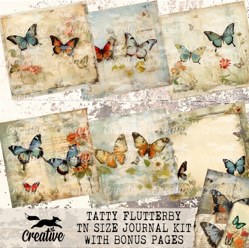 May include: A digital collage kit featuring vintage-style paper with butterflies in various colours and patterns. The kit includes the text "Tatty Flutterby TN Size Journal Kit with Bonus Pages".