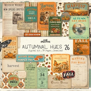 May include: A digital kit titled Autumnal Hues '26 featuring 39 pages of vintage-style ephemera including newspaper clippings, harvest-themed posters, botanical illustrations, tickets, and menus with orange, brown, and teal colour palettes.