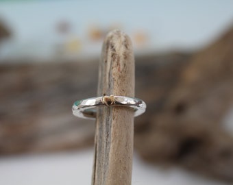 Silver and Gold Heart Ring, Hammered Jewellery, 9ct Love Heart, Handmade UK,  Stacking Ring, For Her, For Mum, For Wife