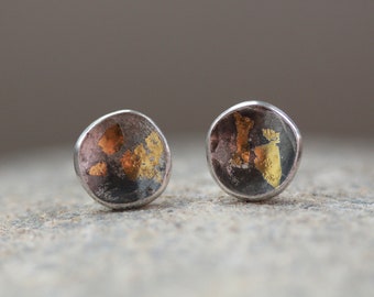 Gold Leaf Earrings, Silver Studs, Summer Solstice, Rustic Style, Boho Jewellery, Made in Cornwall, Equinox