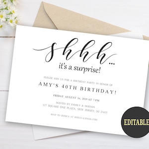Any Age Surprise Birthday Invitation Template, Shhh it&#39;s a Surprise, Editable PDF Birthday Party Invitation, Modern DIY Invite, A900