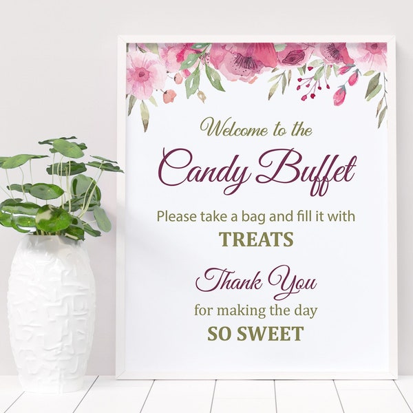 Candy Buffet Sign, Printable Candy Bar Sign, Pink Flowers Wedding Table Sign, Grab a Treat Sign, Baby Shower, Bridal Shower Decor, A005