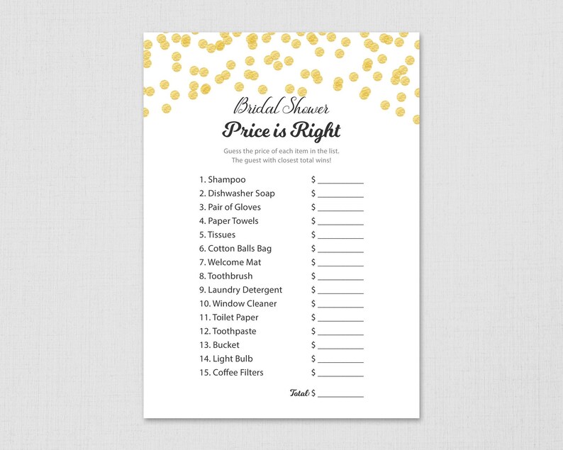 Price is Right Bridal Shower Game, Gold Confetti Price is Right Game Printable, Instant Download, DIY, Wedding Shower Games, A001 image 1