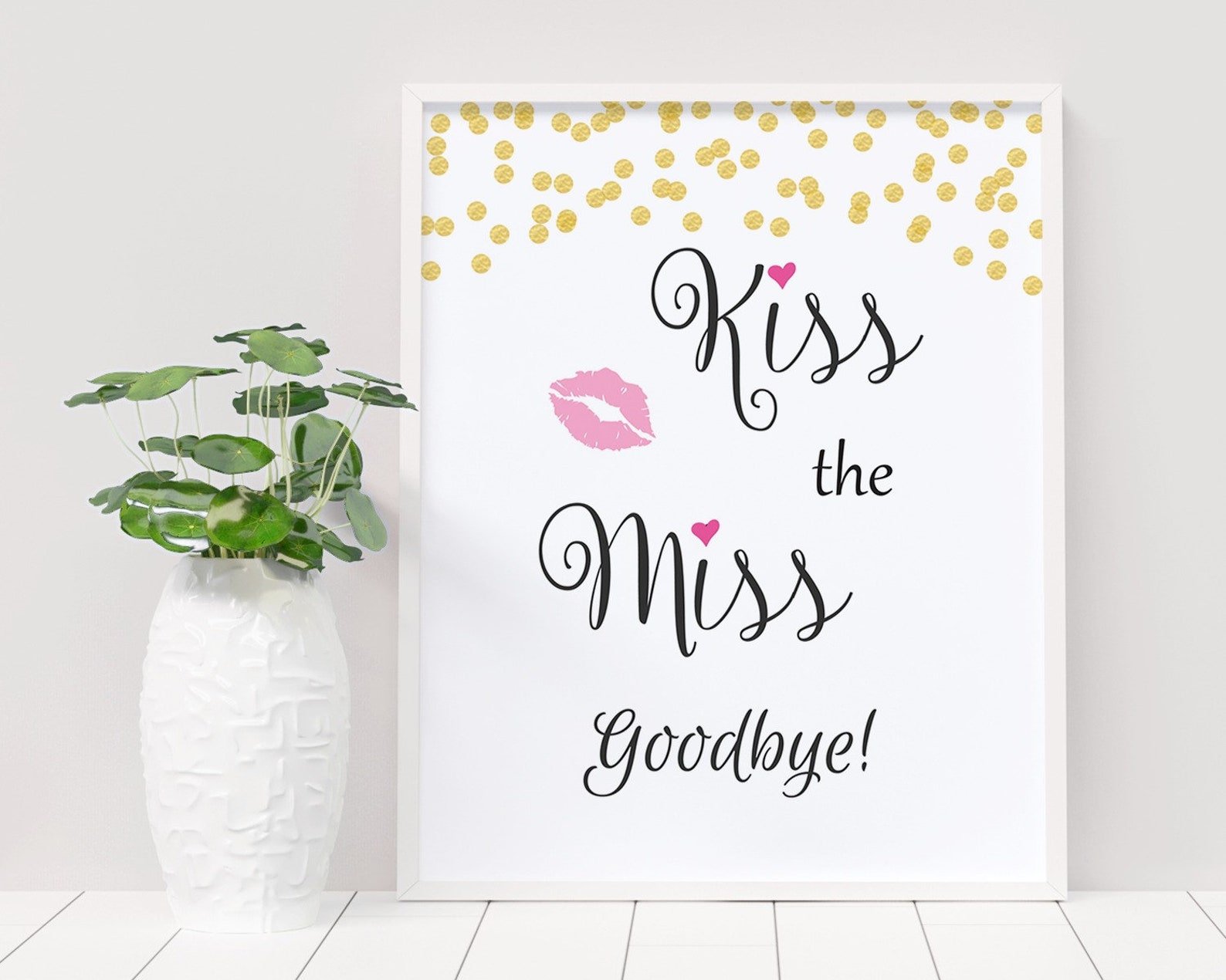 Kiss the Miss Goodbye Printable Sign, Gold Glitter Bridal Shower, Gold