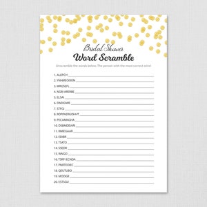 Bridal Shower Word Scramble, Gold Confetti Wedding Shower, Word Scramble Game Printable, Word Search, Bachelorette Party Games, A001