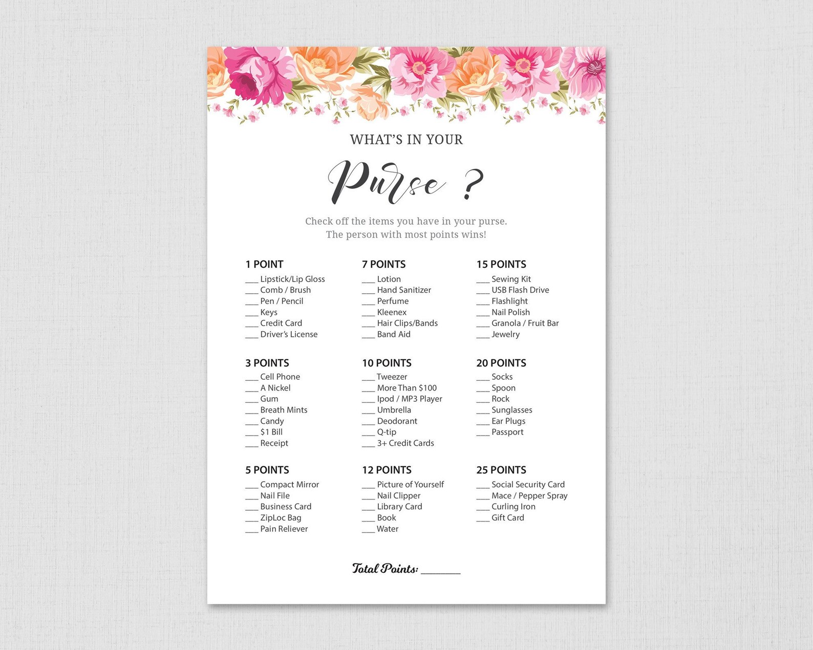Whats in Your Purse Game, Floral Bridal Shower Games Printable, Purse
