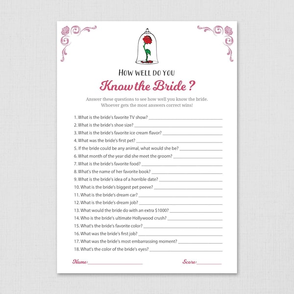 How Well Do You Know the Bride, Beauty and the Beast, Fairy Tales, Who Knows the Bride Best, Bridal Shower Games, Wedding, A009