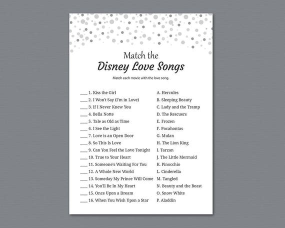 Match The Disney Love Songs Bridal Shower Games Gray Etsy