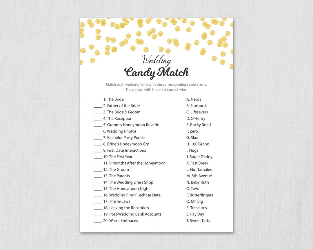 Candy Match Bridal Shower Game Printable, Match the Candy, Gold Glitter ...