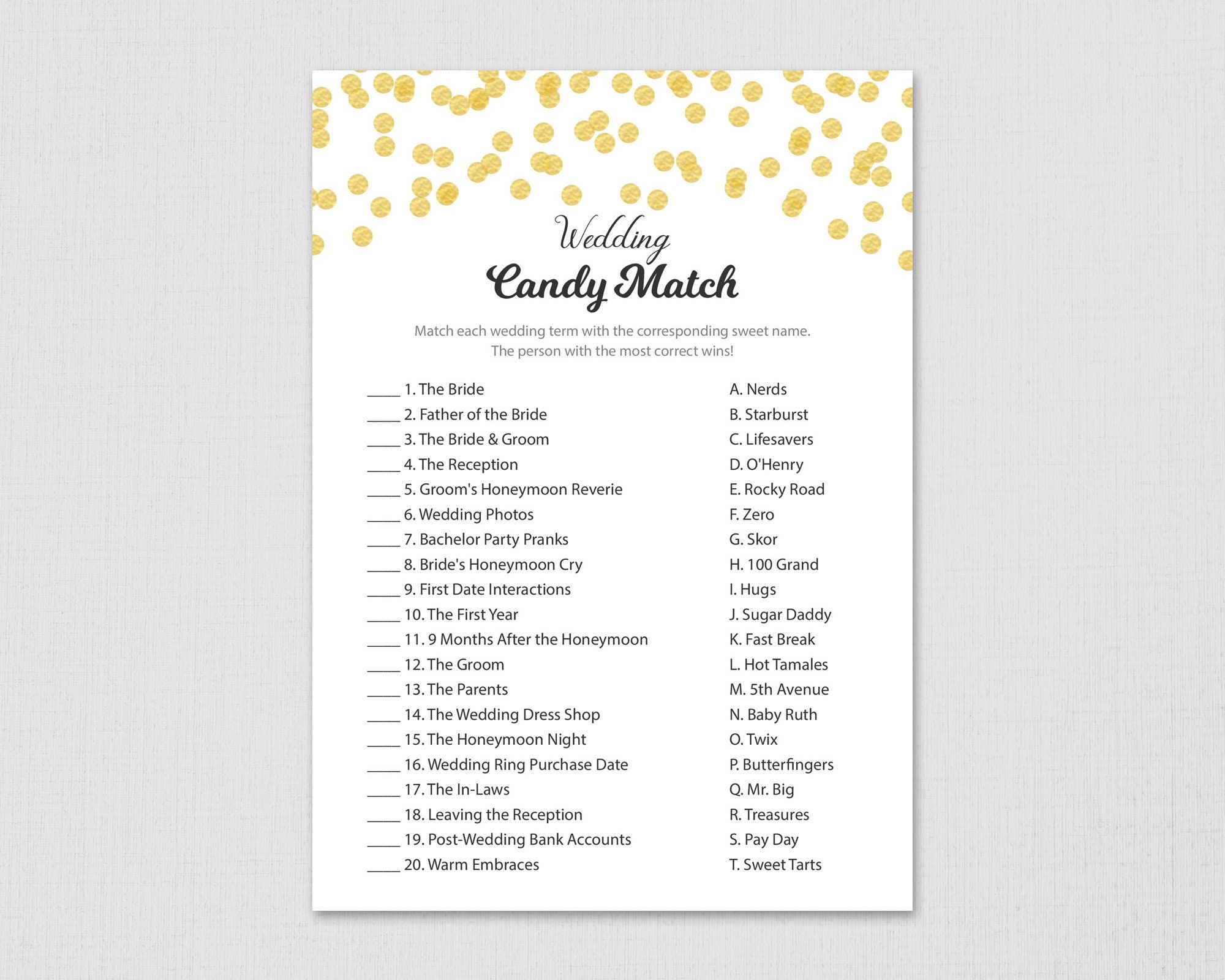 Candy Match Bridal Shower Game Printable, Match the Candy, Gold Glitter