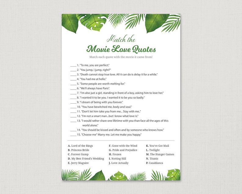 Hawaiian Wedding Shower Match the Romantic Movies Trivia Tropical Leafs Movie Love Quote A007 Movie Love Quote Famous Movie Dialog