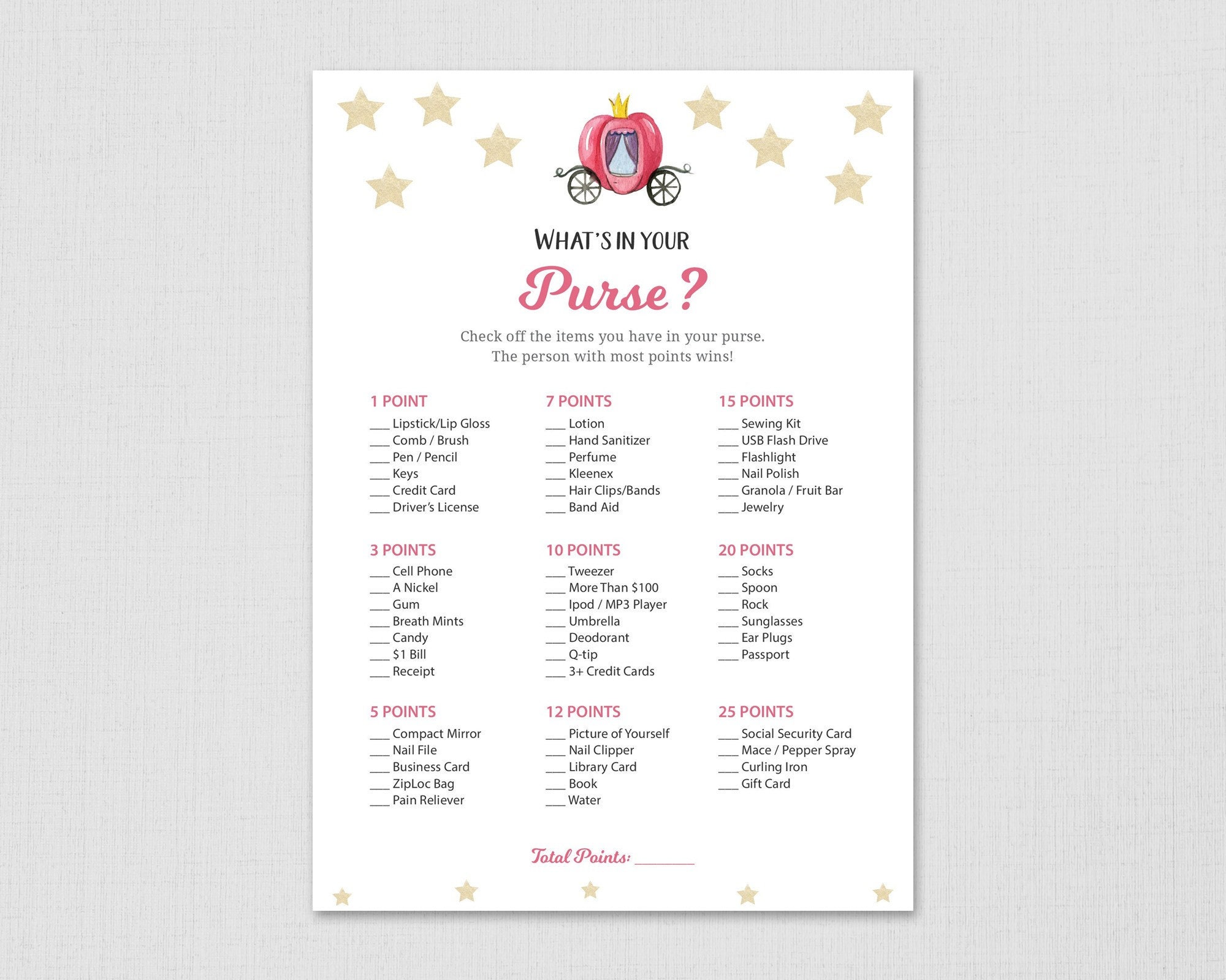Cinderella Whats in Your Purse Game Printable Bridal Shower