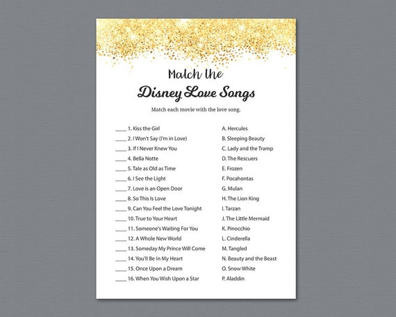 Match The Disney Love Songs Gold Bridal Shower Games Etsy