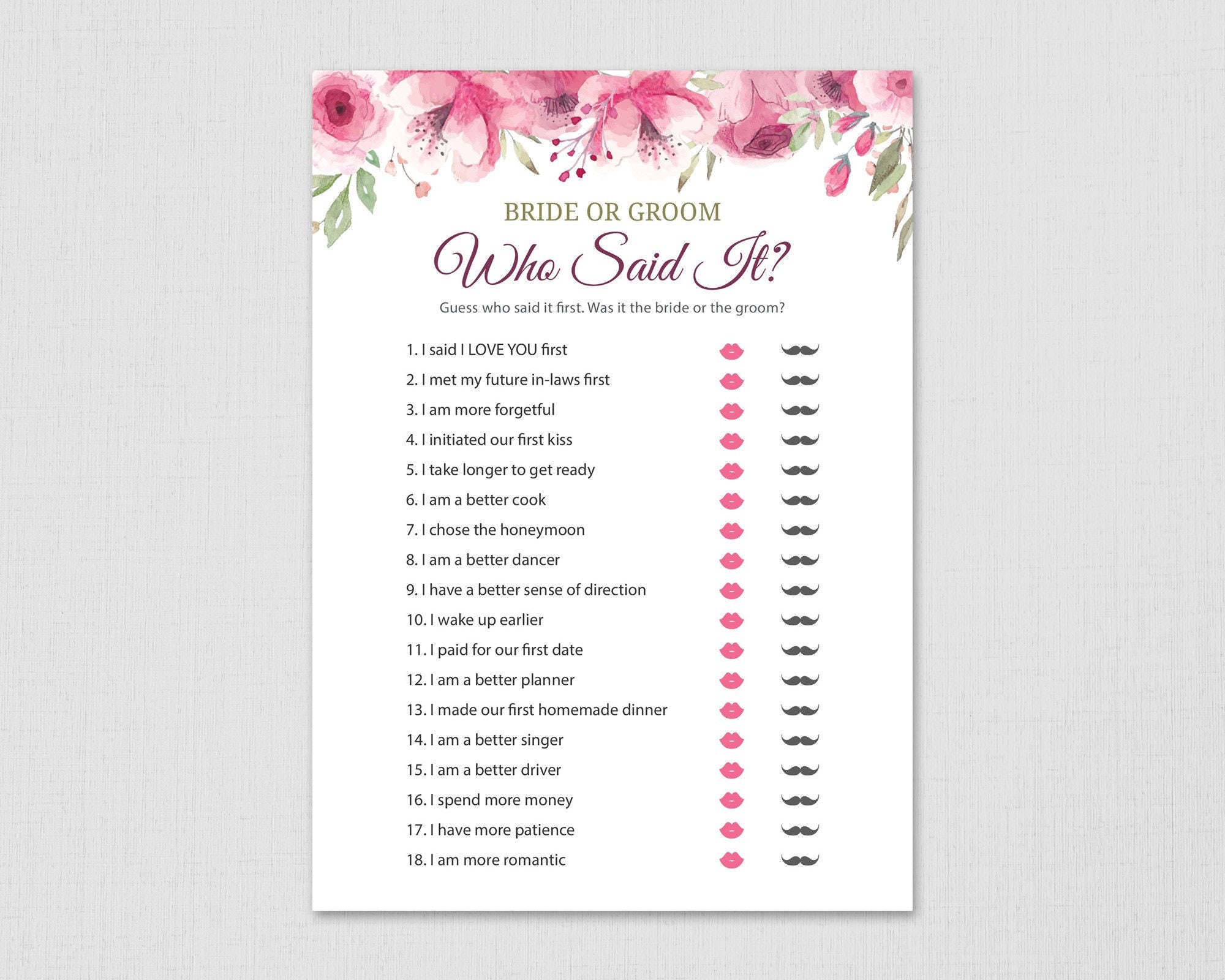 Pink Floral He Said She Said Bridal Shower Game Printable - Etsy Ireland