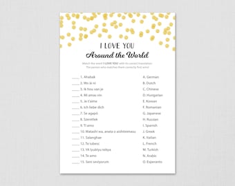 Around the World, Bridal Shower Game Printable, Gold Confetti Language Match, Instant Download, Match the Translation, Wedding, A001