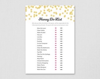 Honey Do List, Bridal Shower Honey Do's Game Printable, Gold Confetti, Chores List, Wedding Shower Games, Instant Download, A001