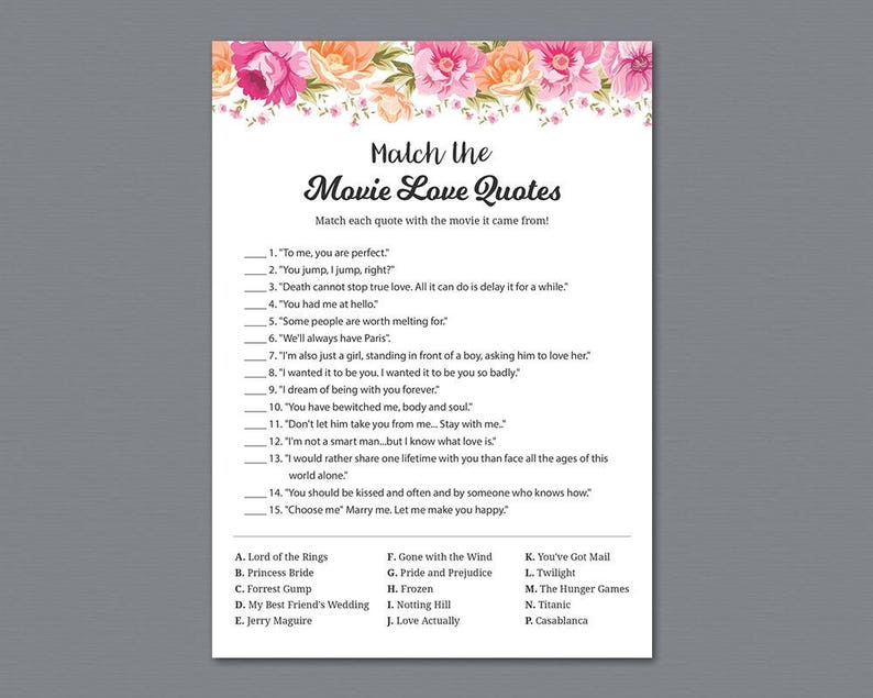 Match The Movie Love Quotes Movie Love Quotes Bridal Shower Etsy