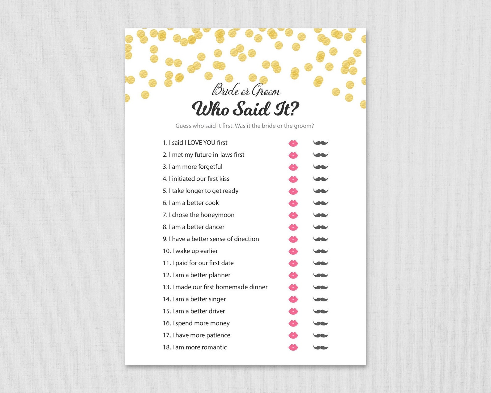 He Said She Said Bridal Shower Game Printable, Guess Who Said It Phrase