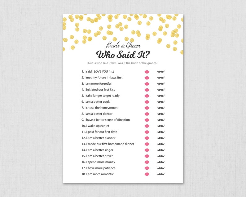 He Said She Said Bridal Shower Game Printable, Guess Who Said It Phrase Game, Gold Confetti Bridal Shower, Wedding Shower Games A001 image 1