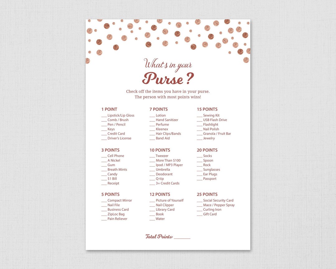 Rose Gold Whats in Your Purse Game Printable Bridal Shower 