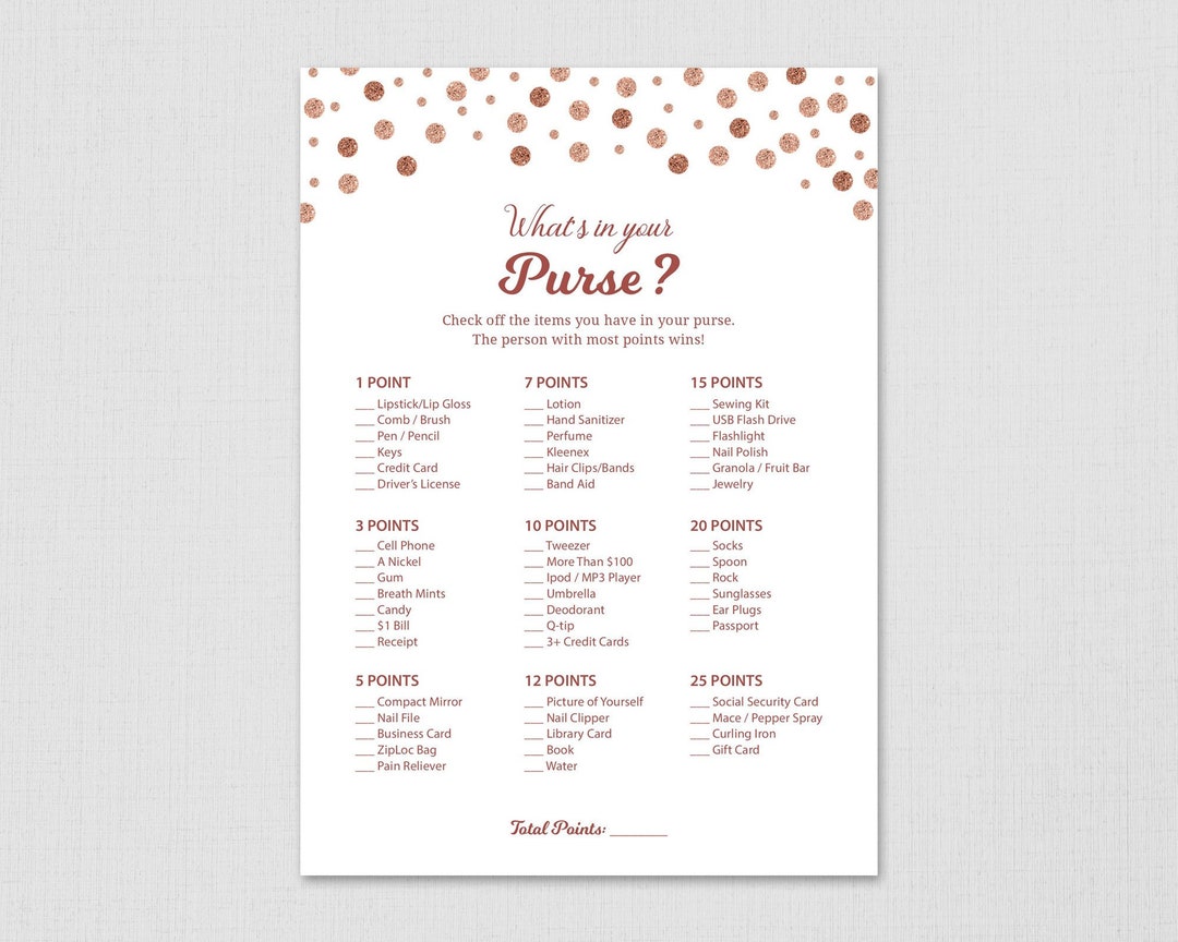 Rose Gold Whats in Your Purse Game Printable, Bridal Shower, Fun