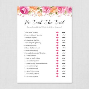 Guess Who Said It, Vintage Flowers Bride or Groom Game, He Said She Said Bridal Shower Printable, Watercolor Floral, Wedding Shower, A004