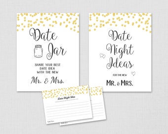 Date Night Idea Cards Printable, Gold Confetti Date Jar Sign, Date Night Bridal Shower, Wedding Advice Card, Bachelorette Shower, A001