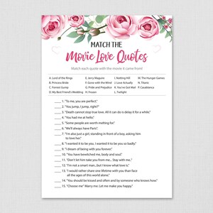 Combine as citações de amor do filme, jogo de chá de panela para impressão, flores rosas, jogo de citações de filmes famosos, despedida de solteira, download instantâneo, A006