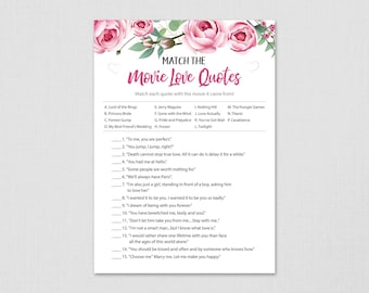 Match the Movie Love Quotes, Bridal Shower Game Printable, Rose Flowers, Famous Movie Quote Game, Bachelorette, Instant Download, A006