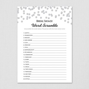 Bridal Word Scramble Game, Silver Confetti Bridal Shower Game Printable, Unscramble, Word Search, Instant Download,  Wedding Shower, A002