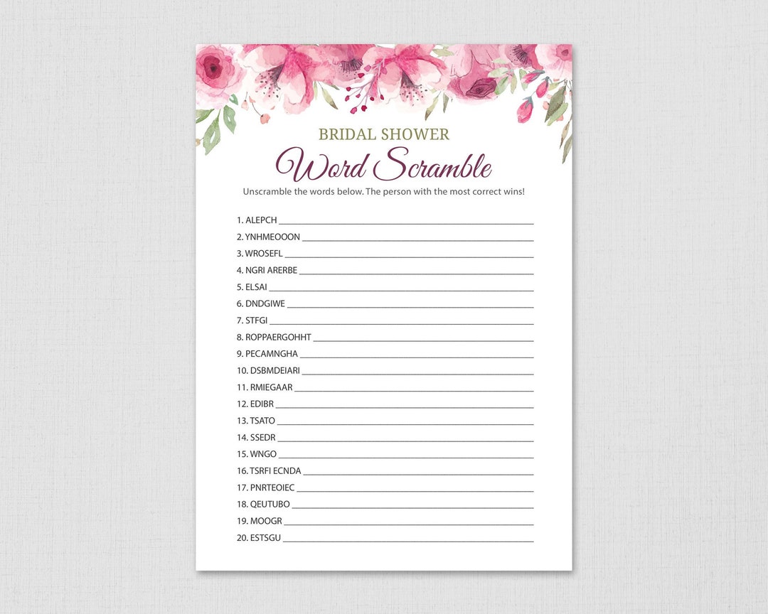 Bridal Shower Word Scramble Printable Game, Pink Floral Watercolor ...