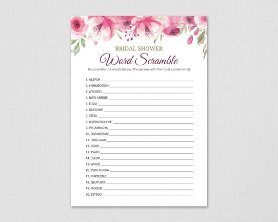 Bridal Shower Word Scramble Printable Game Pink Floral - Etsy