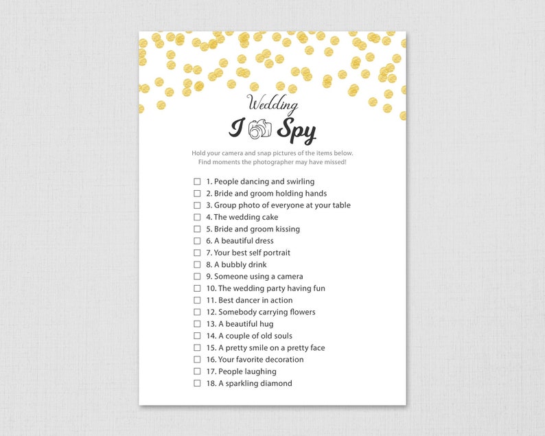 I Spy Wedding Reception Games Printable, Gold Confetti Bridal Shower