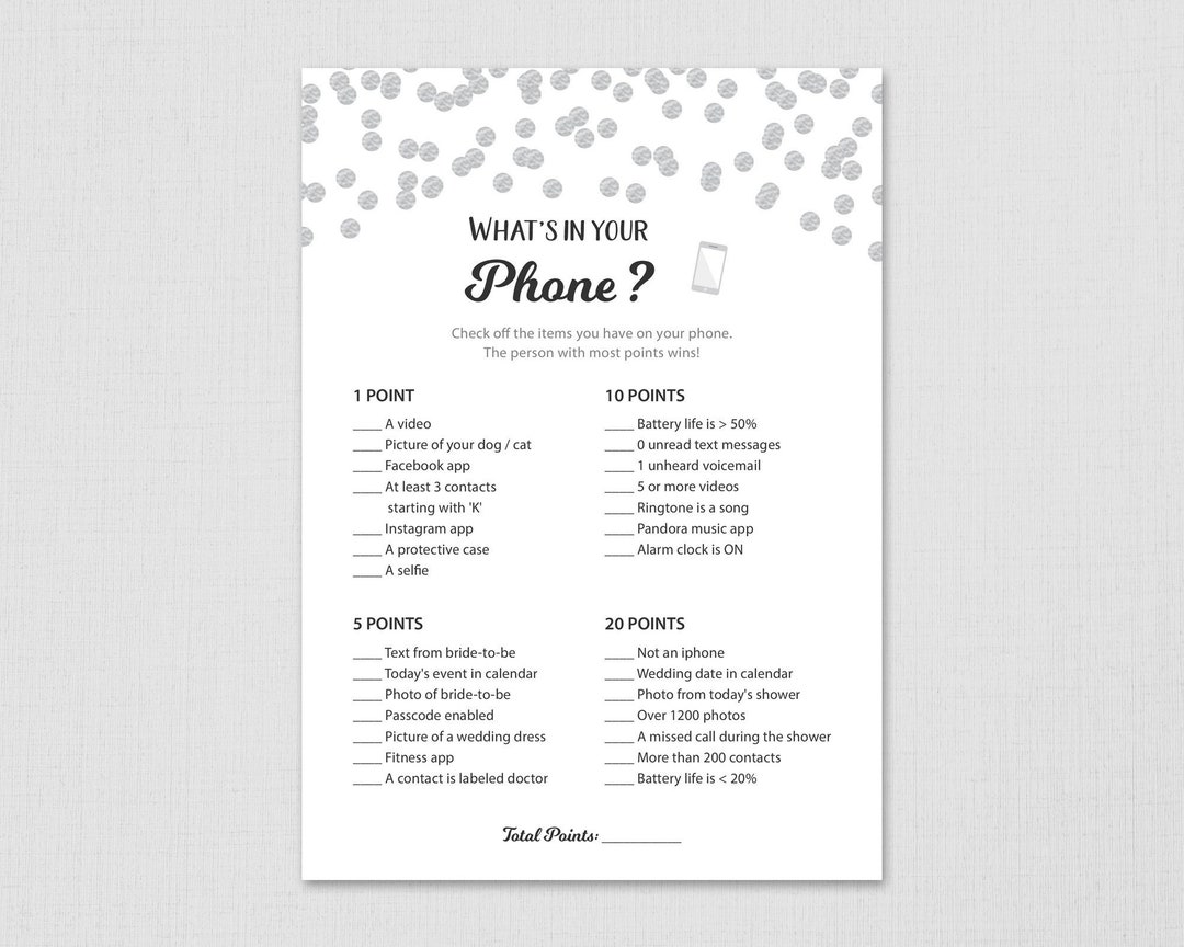 Whats in Your Phone Game Printable, Silver Bridal Shower, Baby Shower ...