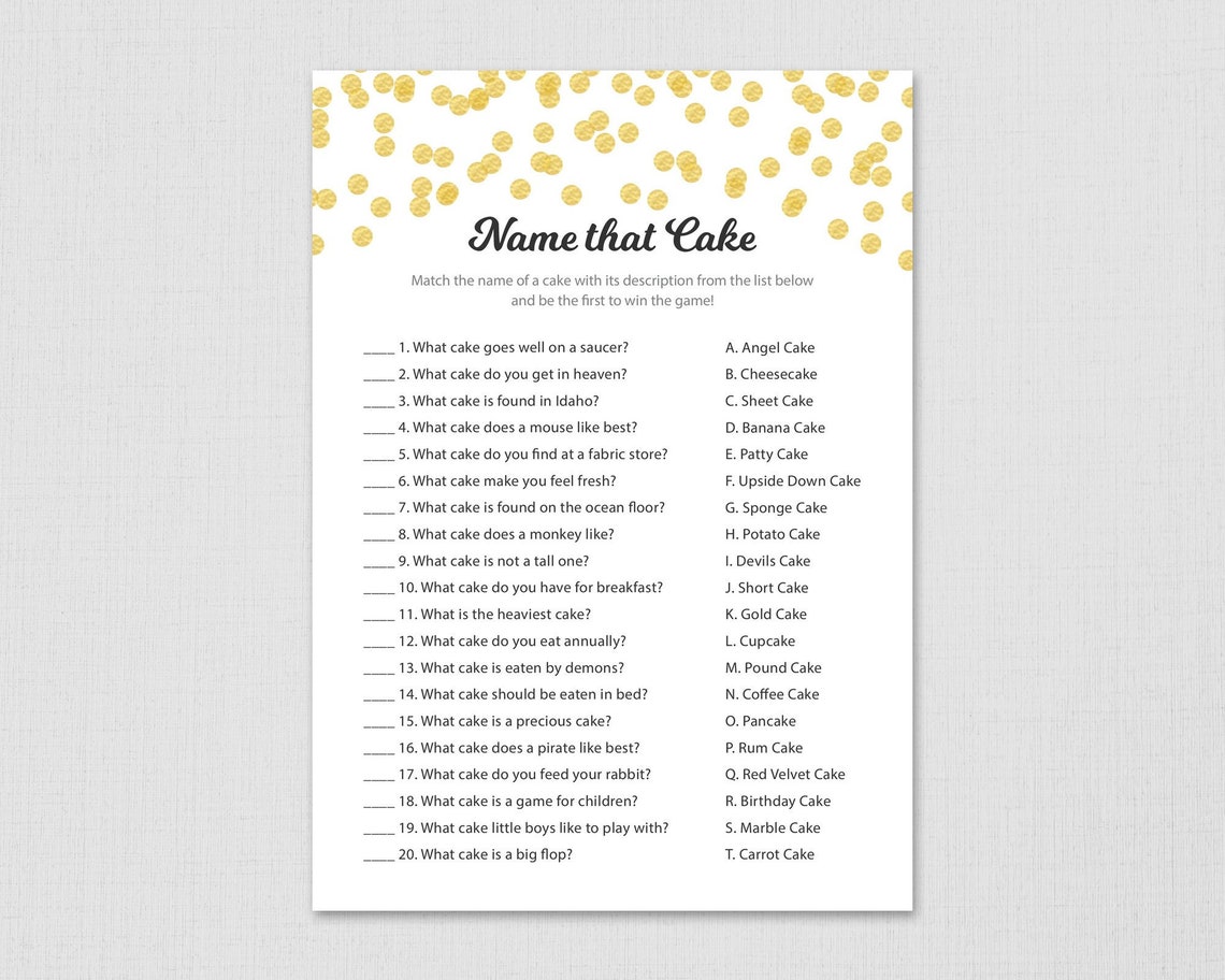 Name That Cake, Guess the Cake, Gold Confetti Name That Wedding Cake, Bridal Shower Cake Game
