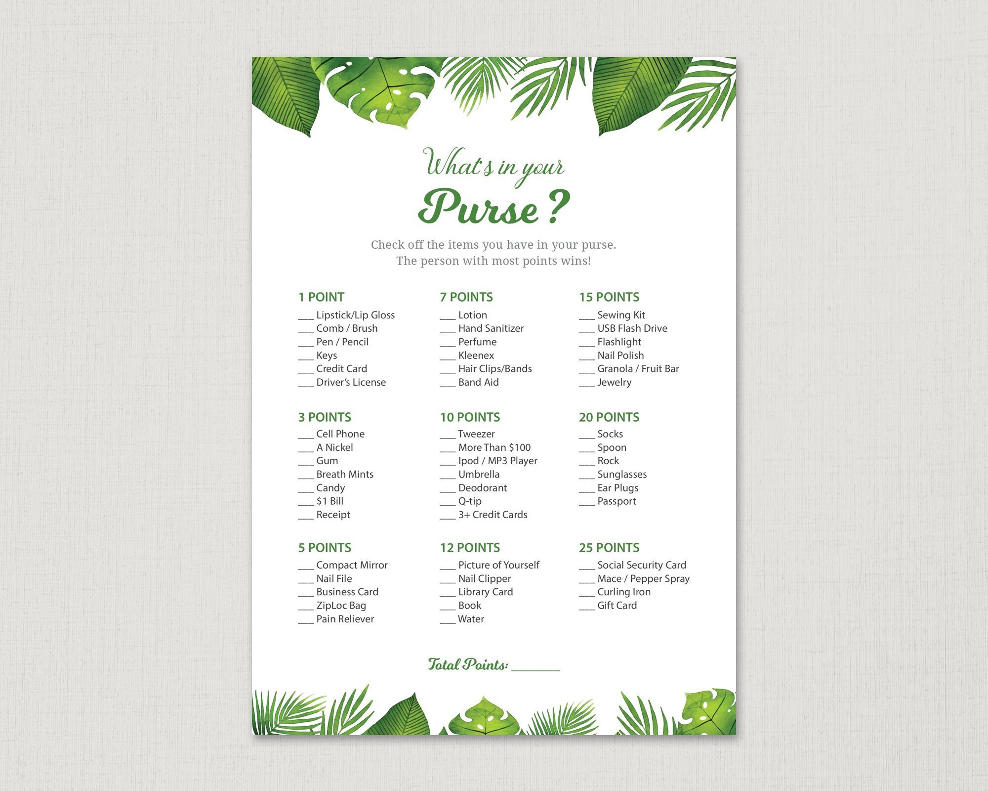 Whats in Your Purse Game Printable Aloha Bridal Shower Palm