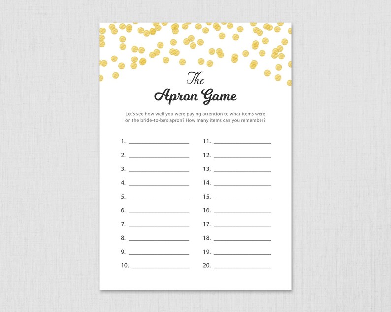 The Apron Game Printable Gold Confetti Bridal Shower Memory Etsy