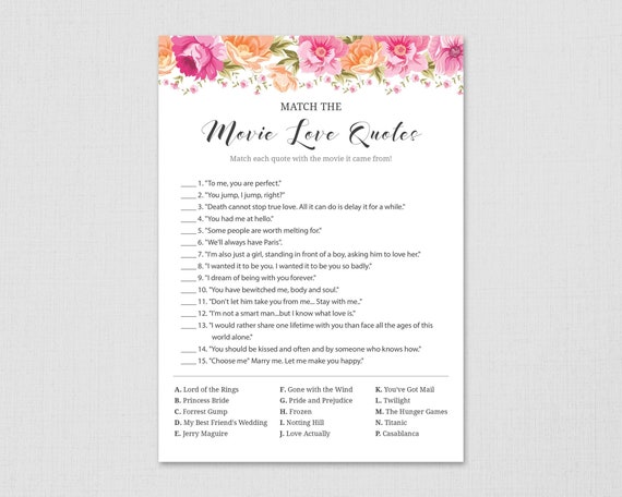 Match The Movie Love Quotes Bridal Shower Game Printable Rose Flowers Famous Movie Quote Game Bachelorette Instant Download A006