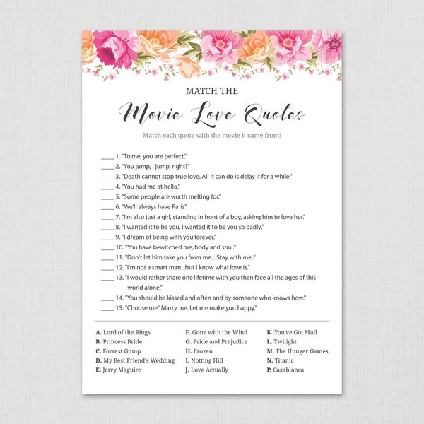 Match the Movie Love Quotes, Movie Love Quotes Bridal Shower Games Printable, Rose Flowers, Famous Movie Quote Game, Bachelorette, A004