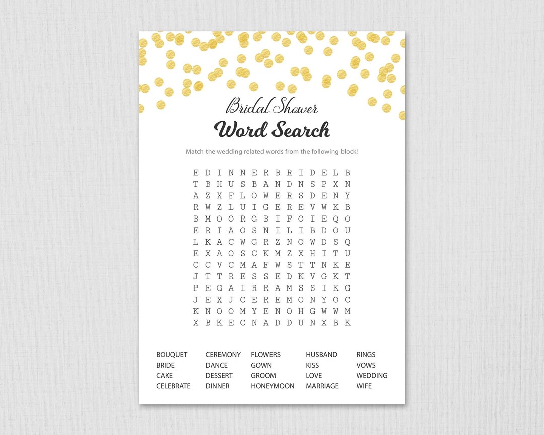 Word Search Bridal Shower Game Printable, Word Search Quiz, Gold ...