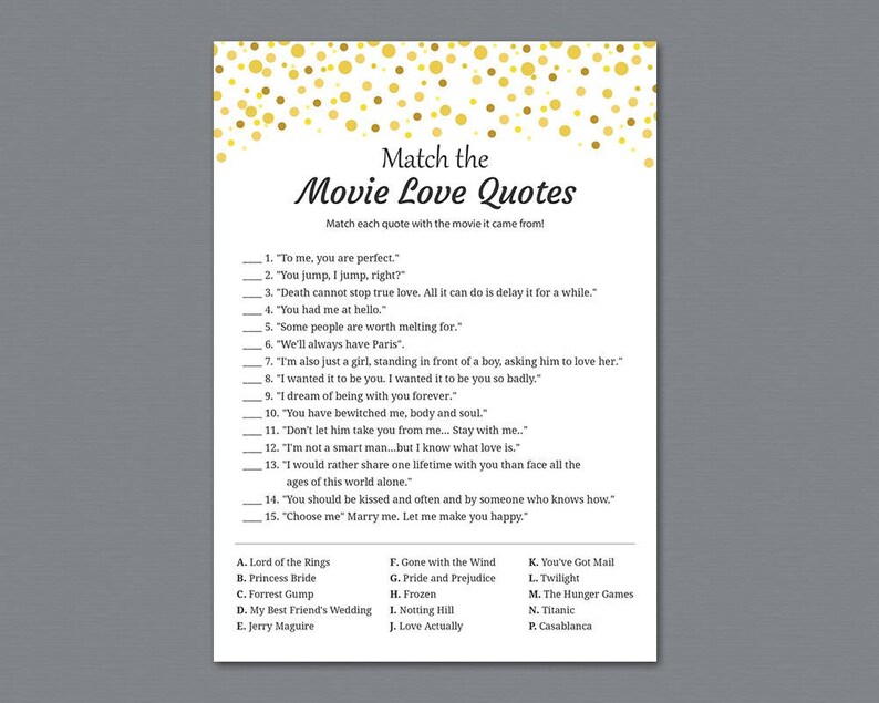 Movie Love Quotes Match Game Gold Confetti Match The Romantic Etsy