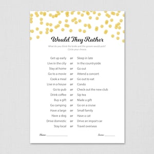 Would They Rather, Gold Confetti Bridal Shower Game Printable, Wedding Shower Game, Who knows the Bride Best, Instant Download, A001